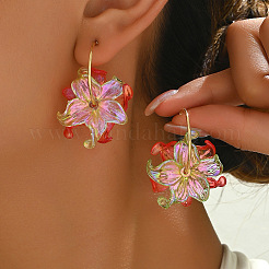 女性用アクリル＆ステンレススチール製スタッドピアス  花  レッドオレンジ  36x32mm&nbsp;WGD0F20-02