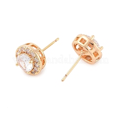 ラックメッキフラットラウンド真鍮クリアキュービックジルコニアスタッドピアス  長持ちメッキ  シャンパンゴールド  10mm&nbsp;EJEW-M090-19G-03