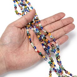 フラットラウンド手作りミッレフィオーリガラスビーズ  ミックスカラー  6x3mm  穴：0.5mm  約65個/連  14.1インチ&nbsp;LK-R004-55