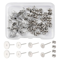 40個 4サイズ 304ステンレススチールスタッドピアス金具  フラットラウンドイヤリングのセッティング  40個のイヤーナット付き  ステンレス鋼色  12x4~8mm  ピン：0.6~0.8mm  10pcs /サイズ&nbsp;STAS-YW0001-56