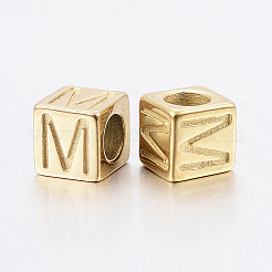 304 ステンレススチール 大きな穴文字 ヨーロッパ ビーズ  水平穴  文字.m付きのキューブ  ゴールドカラー  8x8x8mm  穴：5mm&nbsp;X-STAS-H428-01G-M