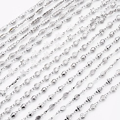 変色しない304ステンレススチールリンクチェーンネックレス  カニカン付き  混合図形  ステンレス鋼色  17.3~17.9インチ（44~45.5cm）&nbsp;NJEW-F242-03P