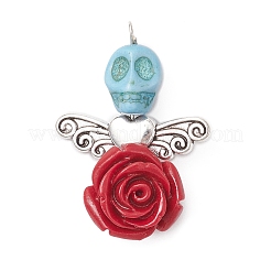 Dyed Synthetic Turquoise Skull & Resin Rose Flower Pendants&nbsp;PALLOY-TA00295