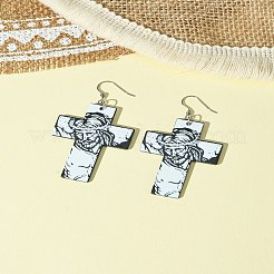 304ステンレススチールダングルイヤリング  アクリルペンダント  クロス  ブラック  64mm&nbsp;EJEW-FS00010
