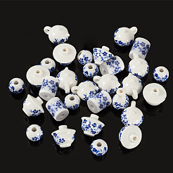 32個 4種類の手作り磁器ビーズ  光沢釉の磁器  ブルー  9.5~18x8.5~18x8.5~13mm  穴：2~3mm  8個/スタイル&nbsp;PORC-TA0001-78B