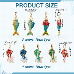 真鍮ラインストーンペンダント7個（7スタイル）  エナメル  魚のチャーム  ゴールドカラー  ミックスカラー  28~32x11.5~13.5x6.5~11mm  穴：4~5x2.5mm  1個/スタイル&nbsp;KK-AR0004-81
