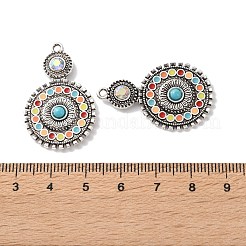 ボヘミア・チベットスタイルの合金＆エナメル＆アクリル＆ラインストーンペンダント  フラットラウンドのチャーム  アンティークシルバー  カラフル  34x21x4mm  穴：1.8mm&nbsp;FIND-T074-01AS