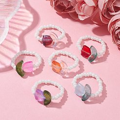 Tulip Flower Glass Seed Beaded Stretch Rings for Women&nbsp;RJEW-JR00596