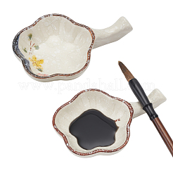 2個 2スタイル 梅の花型 陶器 インク皿  ハンドル付きインクプレート  中国の書道の絵筆置きホルダー  ミックスカラー  114.5x75x24.5mm  内径：64.5x69mm  1個/スタイル&nbsp;OFST-PH0001-05A