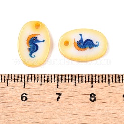 天然淡水貝の両面プリント楕円形チャーム  タツノオトシゴ  14.5x10x2.3mm  穴：1.6mm&nbsp;SHEL-T020-05H