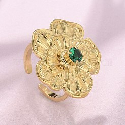 女性用304ステンレススチールカフリング  花  キュービックジルコニア付き  18KGP本金メッキ  26.5x26mm  内径：18.5mm&nbsp;RJEW-D302-03G-13