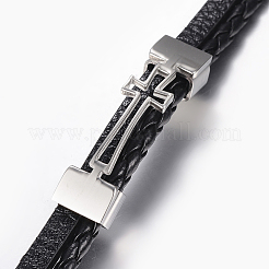 レザー編み込みコードブレスレット  304ステンレススチール製金具付き  クロスの長方形  ブラック  8-1/4インチ（210mm）  8.5x3~7mm&nbsp;X-BJEW-E324-A05