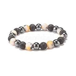 Gemstone & Lava Rock & Synthetic Hematite Round Beaded Stretch Bracelet&nbsp;BJEW-JB07972