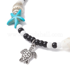 2Pcs 2 Styles Summer Beach Synthetic Turquoise Starfish & Natural Cowrie Shell & Glass Seed Round Beaded Alloy Turtle Charm Anklets&nbsp;X1-AJEW-TA00038