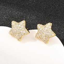 真鍮マイクロペーブクリアキュービックジルコニアスタッドピアス  パヴェクラスターイヤリング  鉛フリー＆カドミウムフリー  長持ちメッキ  ラックめっき  18KGP本金メッキ  12x12.5mm&nbsp;EJEW-G471-31G-01