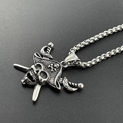 クールなパンクスタイルの304ステンレススチール製海賊スカルヘッドネックレス（男性用）  ステンレス鋼色&nbsp;BD7162