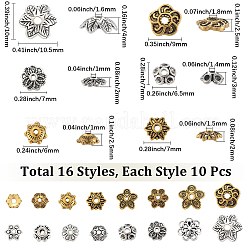 160個16スタイルの合金ビーズキャップ  花  アンティークシルバー＆アンティーク金色  6~10x6~10.5x2.5~4mm  穴：1~1.8mm  10個/スタイル&nbsp;FIND-SC0019-13