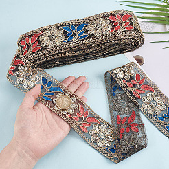 10ヤードのポリエステル刺繍フラワーリボン  スパンコール  服飾材料  ブラック  2~2-1/8インチ（50~55mm）  約10.00ヤード（9.14m）/ロール&nbsp;OCOR-WH0092-28