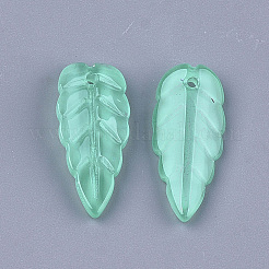 透明スプレー塗装ガラスペンダント  葉  ミディアムアクアマリン  23x10x4~4.5mm  穴：1.2mm&nbsp;X-GLAA-S183-19B
