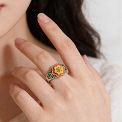 女性用調節可能な合金エナメル指輪  花  プラチナ  内径：15~20mm&nbsp;WGFF340-01