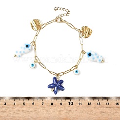 304ステンレススチールペーパークリップチェーンブレスレット（女性用）  304ステンレススチールと手作りの磁器チャーム付き  ダークブルー  7.36インチ（18.7cm）&nbsp;BJEW-JB14198-02