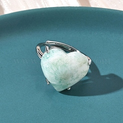 天然ヘミモルファイトの指輪  ハート  ラックメッキ真鍮のパーツ  プラチナ  16.5x18mm  内径：18mm&nbsp;RJEW-Z124-01P