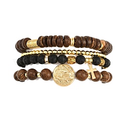 4Pcs 4 Styles Natural Lava Rock & Coconut & Wenge Wood & Brass Beaded Stretch Bracelet Sets for Women&nbsp;BJEW-JB12491
