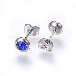 304ステンレススチールジュエリーセット  ペンダントネックレス＆スタッドピアス＆ブレスレット  ラインストーン付き  フラットラウンド  ブルー  ステンレス鋼色  16.54インチ（42cm）  6-3/4インチ（17cm）  6.5x3.5mm  ピン：0.8mm&nbsp;SJEW-H144-24B-P