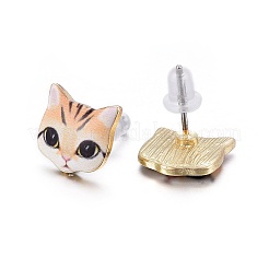 14KGP本金メッキ合金子猫スタッドピアス  エナメルと環境に優しいステンレス鋼ピン付き  印刷  猫の模様  ナバホホワイト  10~10.5x10.5~11mm  ピン：0.7mm&nbsp;EJEW-G148-01G-09