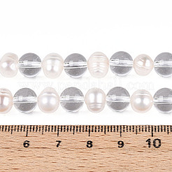 透明ガラスビーズ連売り  ラウンド＆ナゲット  天然養殖淡水パール  透明  7.5~8mm  穴：1.2mm  パール：6~8x6~10mm  穴：0.7mm  約27個/連  7.87~8.07インチ（20~20.5cm）&nbsp;PEAR-N019-06