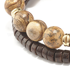 Coconut & Synthetic Hematite & Natural Picture Jasper Beads Stretch Bracelets Set&nbsp;BJEW-JB07498