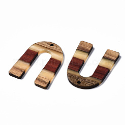 樹脂＆ウォールナットウッドペンダント  uの形状  カラフル  36.5x28x2~3mm  穴：2mm&nbsp;RESI-R428-07