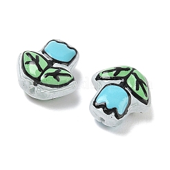 透明なガラスエナメルビーズ  手描きのビーズ  花  染め＆加熱  シアン  16~17x14~15x7~8mm  穴：1~1.4mm&nbsp;LAMP-C023-01A