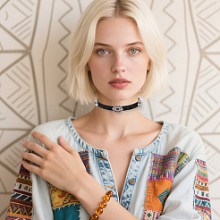 Bohemian Alloy & Resin Imitation Turquoise Oval Black Velvet Choker Necklaces&nbsp;NJEW-WH20004-13B-01