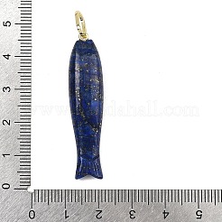 天然ラピスラズリの彫刻ペンダント  真鍮マイクロパヴェキュービックジルコニアの留め具が付いた魚のチャーム  ゴールドカラー  44~45x10.5x8~8.5mm  穴：7x4mm&nbsp;GG-CBA8D06-01G-05