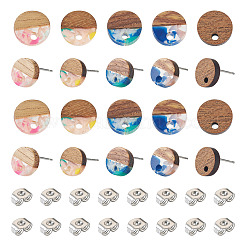 5 Styles Opaque Resin & Walnut Wood Flat Round Stud Earrings&nbsp;FIND-TA0006-25