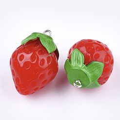 樹脂チャーム  プラチナトーン鉄パーツ  模造食品  苺  レッド  29~32x21mm  穴：2mm&nbsp;RESI-T028-36
