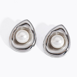 女性用ステンレススチールティアドロップスタッドピアス  模造パールと  ステンレス鋼色  30.2x24mm&nbsp;BM0496-3