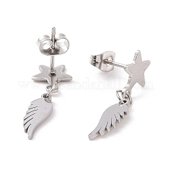 304ステンレススチール製ウィング付きスターダングルスタッドピアス（女性用）  ミックスカラー  25.5mm  ピン：0.8mm&nbsp;EJEW-G328-12