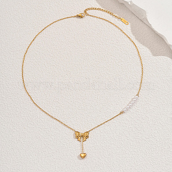 Stainless Steel & Imitation Pearl Bowknot Heart Pendant Necklaces for Women Daily Wear&nbsp;YC4857