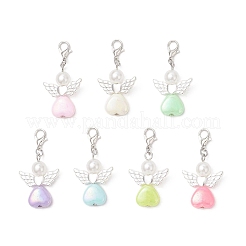 ハートエンジェル ABSプラスチック イミテーションパール＆アクリルペンダントデコレーション  合金製カニカン付き  プラチナ＆シルバー  43mm&nbsp;HJEW-JM03528-01