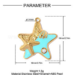 304ステンレススチールエナメルペンダント  ヒトデチャーム  ABSの模造パールと  イオンプレーティング（ip）  18KGP本金メッキ  シアン  19x18mm  穴：1.4mm&nbsp;STAS-OY019-34G