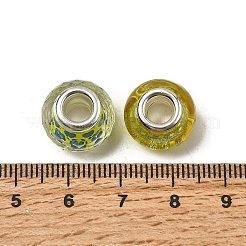 印刷された透明な樹脂のヨーロッパのビーズ  大穴ビーズ  銀色メッキの真鍮の芯とグリッターパウダーを使用したロンデル  きいろ  14x8.5mm  穴：5mm&nbsp;RESI-C063-03C