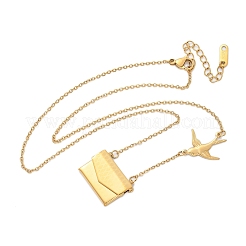304ステンレススチールエンボロープ＆バードペンダントネックレス（女性用）  18KGP本金メッキ  16.93インチ（43cm）&nbsp;NJEW-U037-01B-G