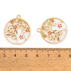 メッキ合金エナメルチャームラック  ゴールドカラー  猫と花のチャームが付いたフラットラウンド  レッド  28x25x1.5mm  穴：2mm&nbsp;LS-FIND-A040-07A-01G