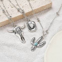 3Pcs 3 Styles Retro Alloy Synthetic Turquoise Cow Head/Cactus/Oval Pendant Satellite Chain Necklace Sets for Women&nbsp;NJEW-B120-01C