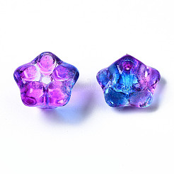 ツートン透明スプレー塗装ガラスビーズ  花  ブルー  10x10x7mm  穴：1.2mm&nbsp;X-GGLA-S054-011D-02