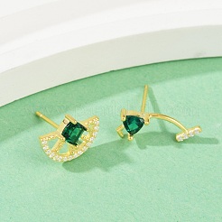 925スターリングシルバーキュービックジルコニアスタッドピアス  半円  左右  ゴールドカラー  9x12.5mm&nbsp;EJEW-V019-01G