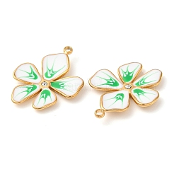 304ステンレススチールエナメルペンダント  ラインストーン付き  18KGP本金メッキ  花のチャーム  ライムグリーン  21.5x17x2.5mm  穴：1.5mm&nbsp;STAS-K256-10G-03