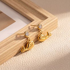 女性用304ステンレススチール製キュービックジルコニアスタッドピアス  クジラ  ゴールドカラー  13x14mm&nbsp;WG7577E-01